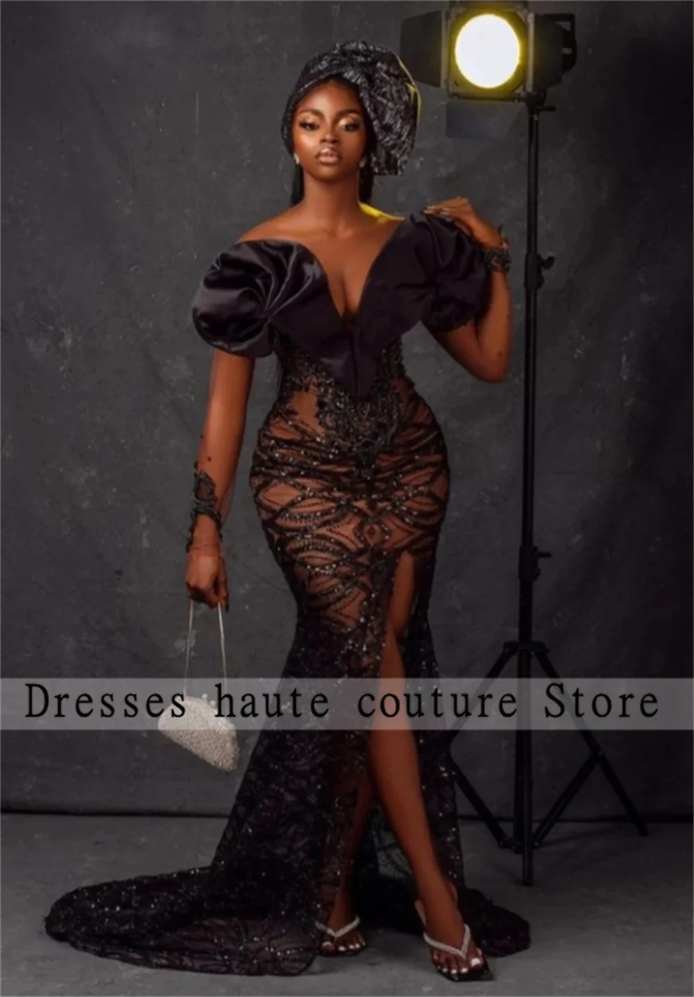 

Aso Ebi Black Lace Side Slit Mermaid Evening Dresses 2023 African Nigerian Long Sleeves Prom Dress For Women Wedding Party Gowns