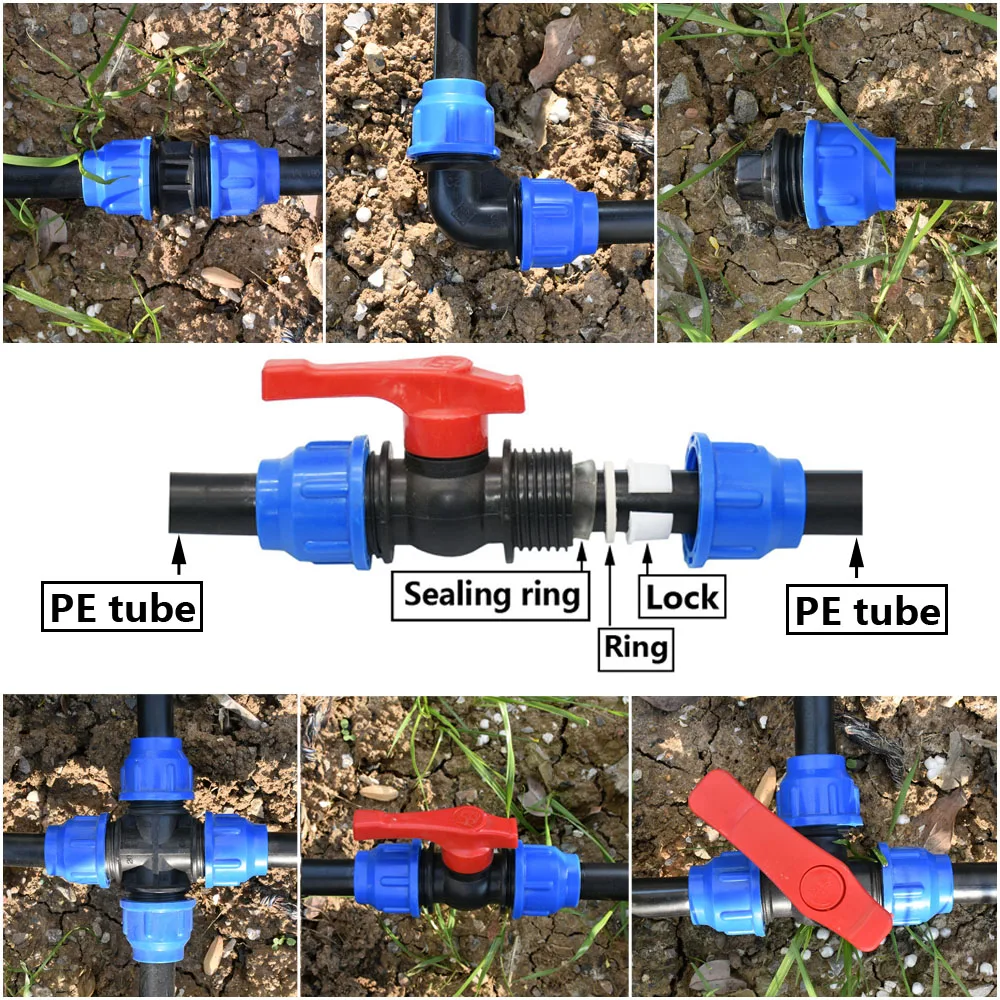 Plastic Pipe Fitting 20/25/32/40/50/63mm PE Tube Tap Connector Tee Water Splitter Quick Valve Irrigation Coupler Straight Elbow Plug