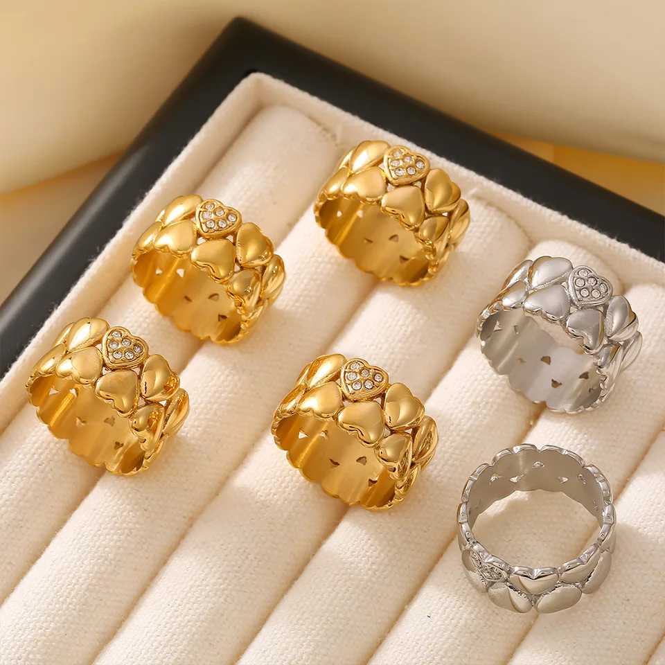 Vintage Layers Heart Designer Stainless Steel Ring Rhinestones