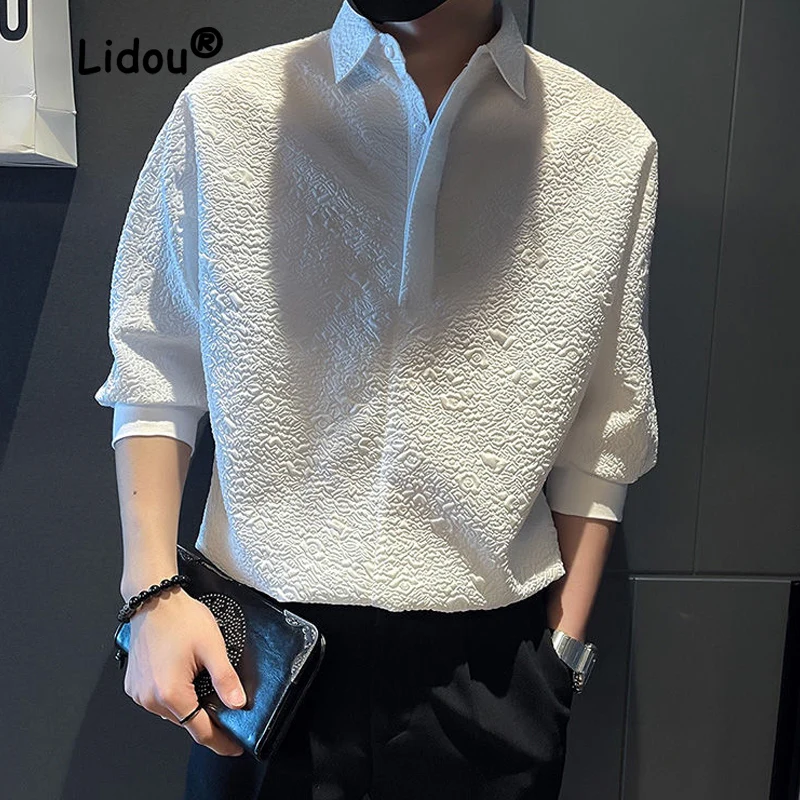 Fashion Summer Solid Color Button Decorate Pullover Shirt Man New High Quality 3/4 Sleeve Casual Pointed Collar Temperament Top