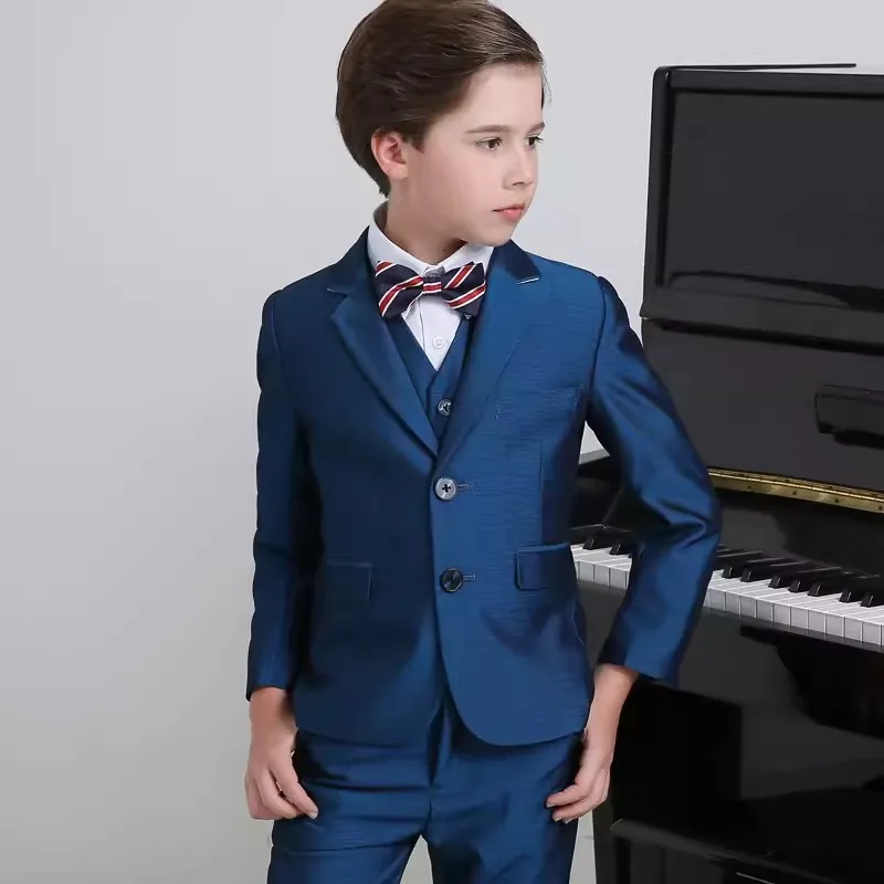 Children Shining Blue Piano Suit Flower Boys Wedding Dress Prince Kids Photograph Tuxedo Teenager Graduation Birthday Costume boys suit set