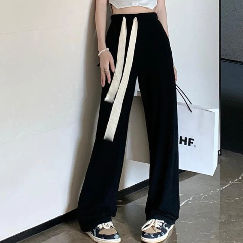 2023 Spring Autumn New Female Students Trend High Waist Leisure Loose Slim Sports Draw Rope Simple Wide Leg Trousers Long Pants wholesale sports rope sea wakesurfing surfing rope