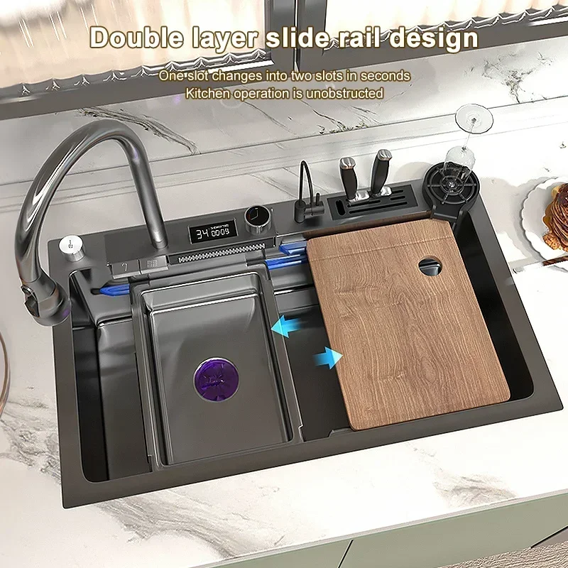 Left Drainage Kitchen Sink Single Bowl Kitchen Sinks Flying Rain Digital Display Waterfall Sink with Pull Down Sprayhead Faucet 2