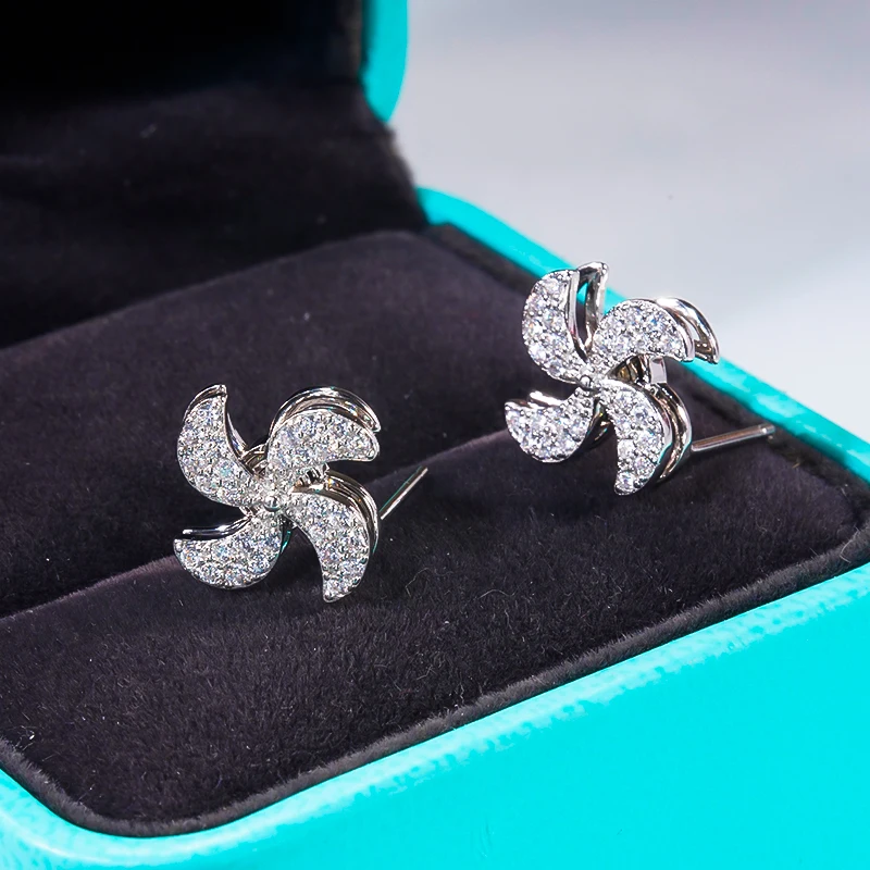 

Anniversary Gift Rotating Windmill Earrings For Women 925 Sterling Silver Plated Diamond Stud Fashion Wedding Party Fine Jewelry