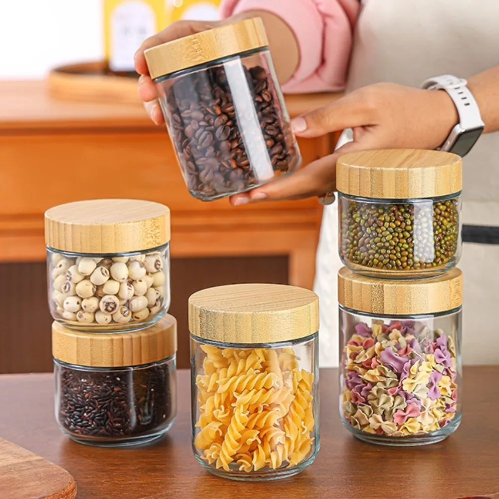 New Wooden Lids Overnight Oats Containers Airtight Cover Food Storage Tools Glass Jars Wide Mouth Meal Prep Jars for Salad Chia 4