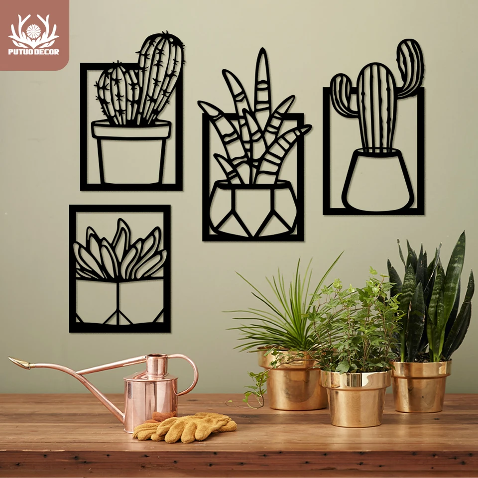 3 PCS Arte De Pared De Metal De Cactus Decoraciones De Pared De Metal  Temáticas Naturales Arte De Pared De Metal Moderno Negro Decoración De  Pared Mod