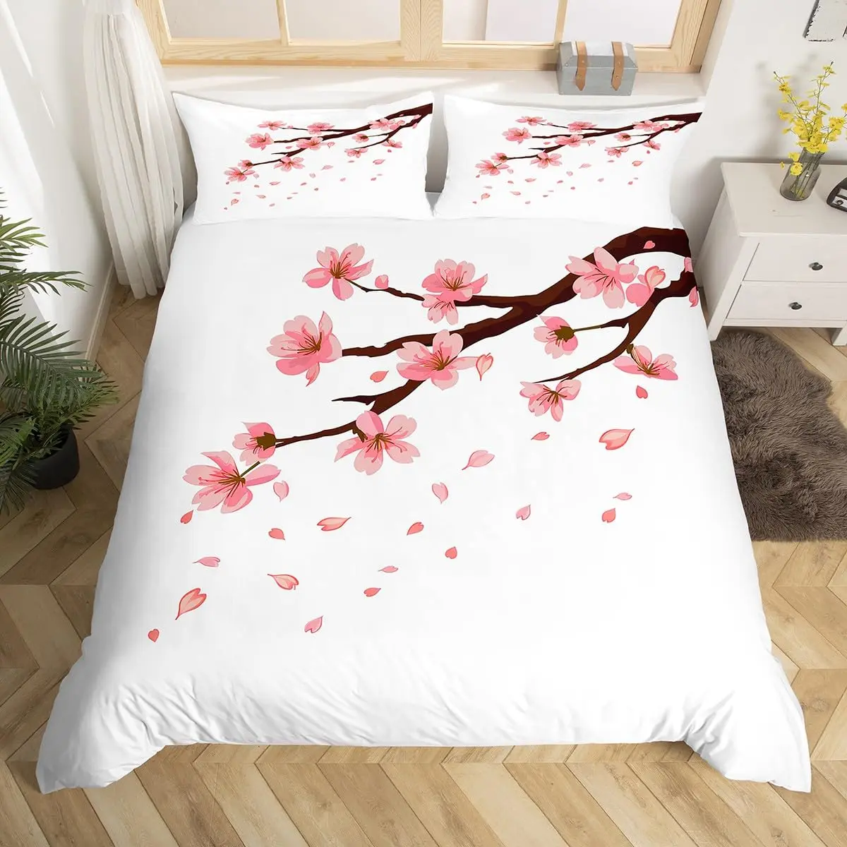 Cherry Blossoms Bedding Set Japanese Style Theme Pink Comforter Cover Set Printed Duvet Cover with Zipper Couple, Twin Size 2