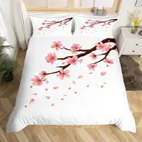 Cherry Blossoms Bedding Set Japanese Style Theme Pink Comforter Cover Set Printed Duvet Cover with Zipper Couple, Twin Size 2