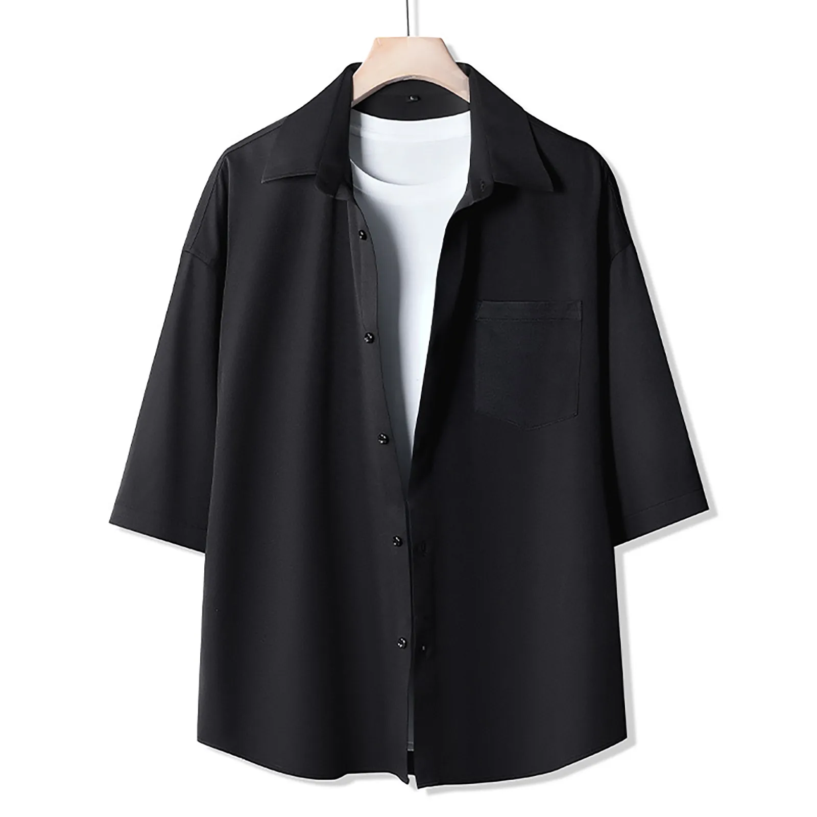 

Men Shirts Harajuku Black White Simple Short Sleeve Korean Style Draped Loose Plus Size Hip-hop Summer All-match Outwear chemise
