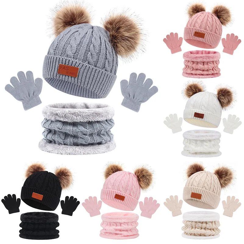 3Pcs/Set  Kids Winter Beanie Hat Scarf Gloves Warm Suit For Children 1-8 Years Old Girls Boy Warm Double Pompoms Knited Cap
