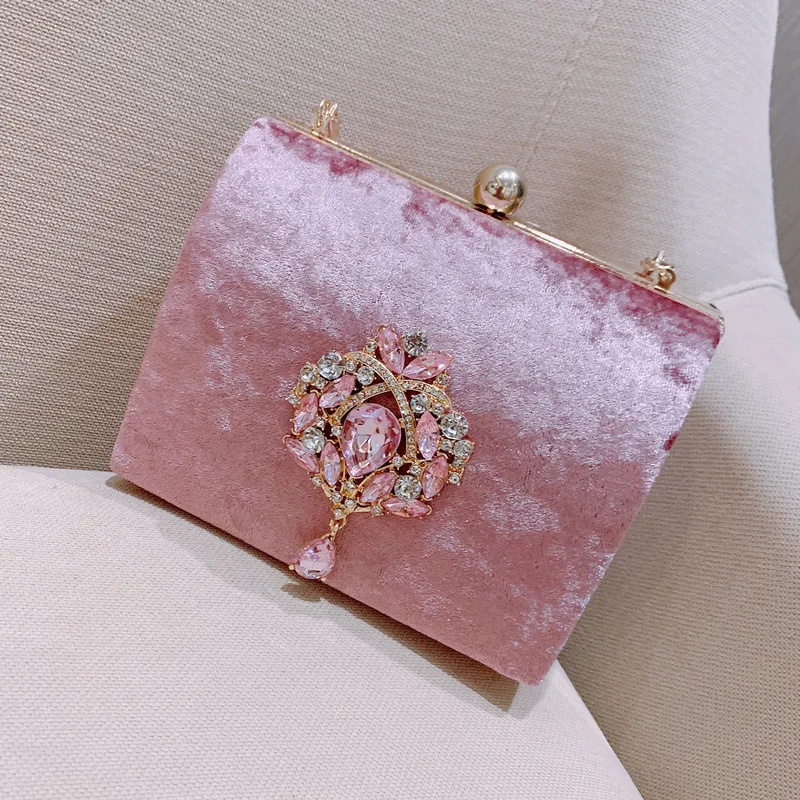 New Luxury Design Boxed Evening Bag Velvet Retro Square Handbag Female Diamond Clutch Bag Gold Wedding Party Purse
