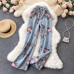 Women Vintage Rose Print Jeans Wide Leg Straight Denim Pants Fashion Slim Waist Jean Trousers Women