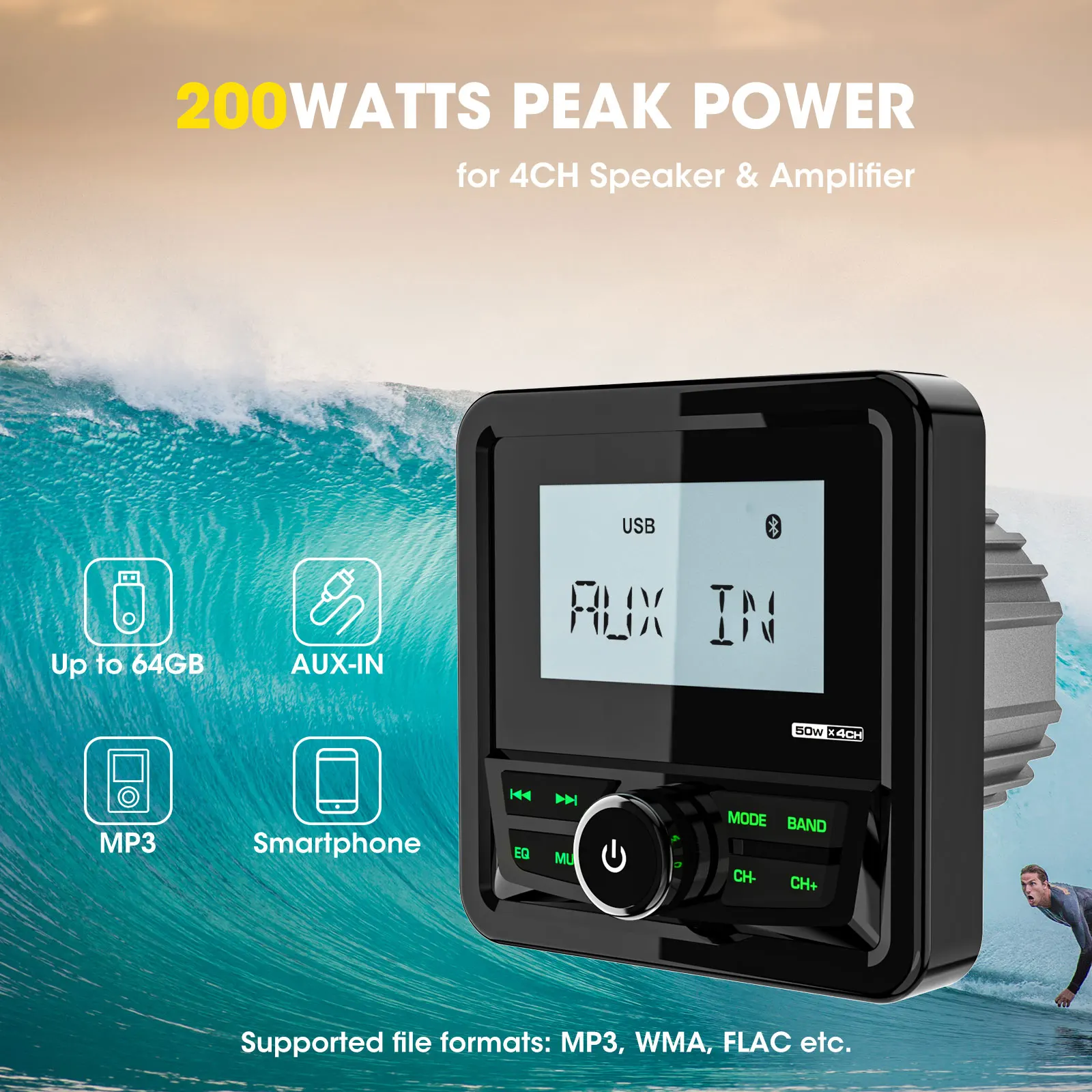Boat Radio Player Marine Stereo FM AM MP3 Media Waterproof Bluetooth USB AUX Receiver for UTV ATV SPA RZR