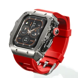 Deluxe Silicone Strap and Stainless Steel Watch Case Kit - 44mm 45mm (Titanium Red)