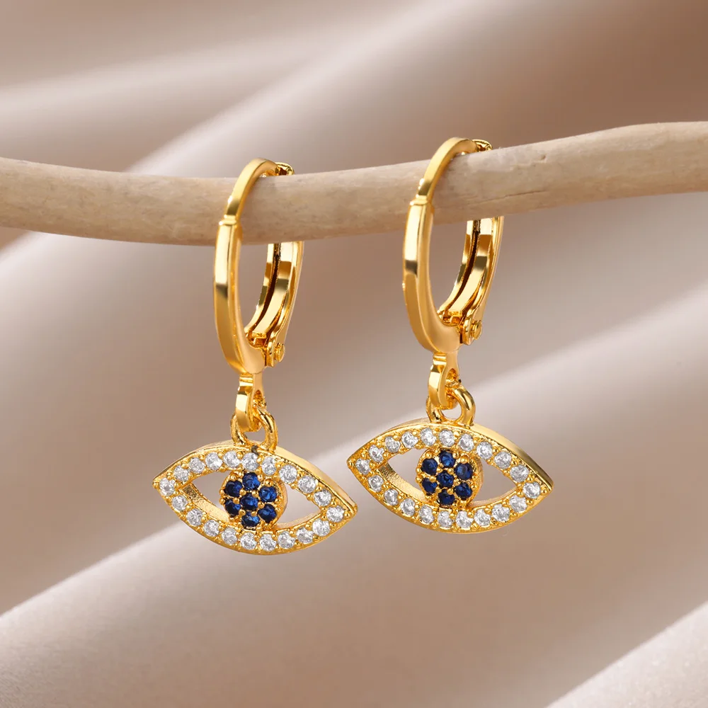 Zircon Evil Eye Earrings For Women Gold Color Stainless Steel