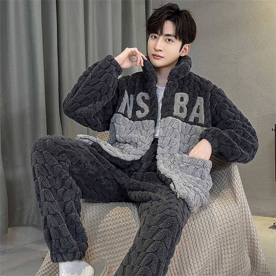 2026 New Winter Warm Pajama Sets Men Stand Collar Coral Fleece