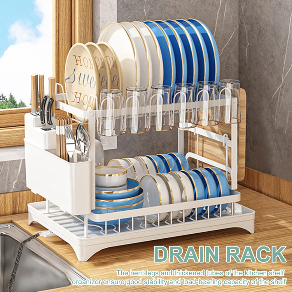 2 Tier Dish Bowl Drainer Storage Rack with Drain Basket Kitchen Dish Drying Rack Bowl Chopsticks Knife Fork Cup Storage Rack