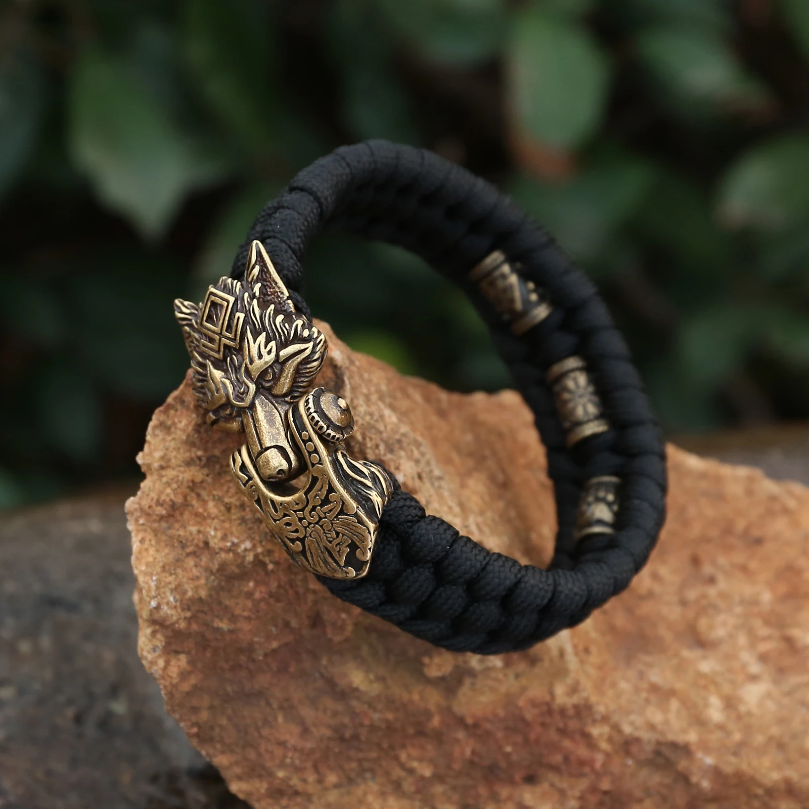 Handmade Mens Rope Bracelet With Bronze Colored Stainless Steel Wolf Head Closure