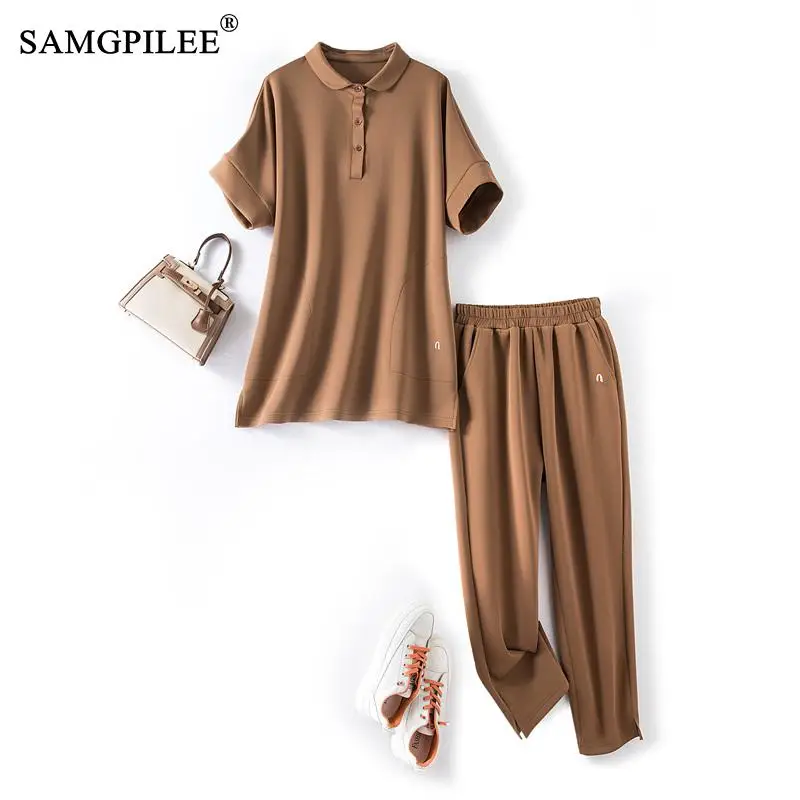 

Женский хлопковый костюм в скандинавском стиле, свободная футболка с отложным воротником и укороченные брюки, комплект из двух предметов, лето 2023