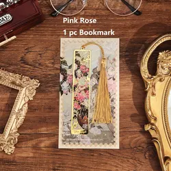 Retro Floral Painting Metal Bookmark with Tassel - Elegant Accessory (Pink Rose)