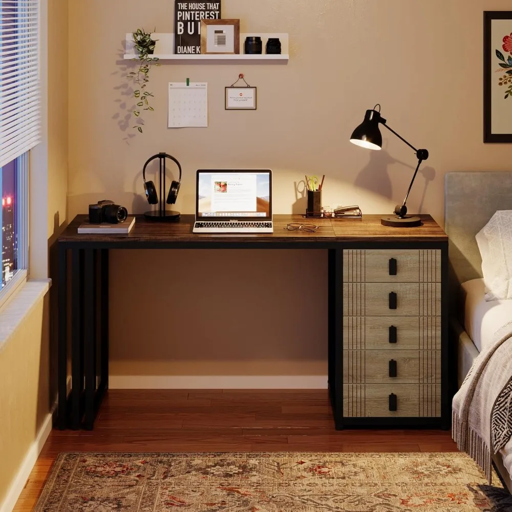 Computer Desk with 5 Drawers, 55-Inch Home Office Desk with Reversible File Drawer Cabinet, Modern Wooden Work Writin 6