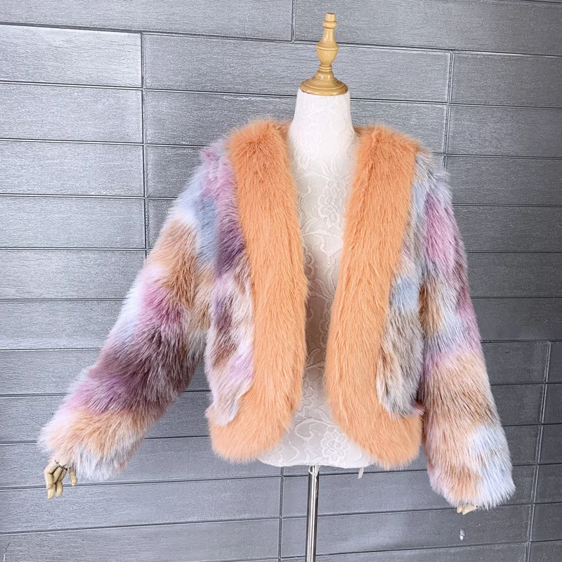 

Autumn/Winter New fashion top,Faux Fur Tie Dyed Faux Spliced White Plush Coat 2024