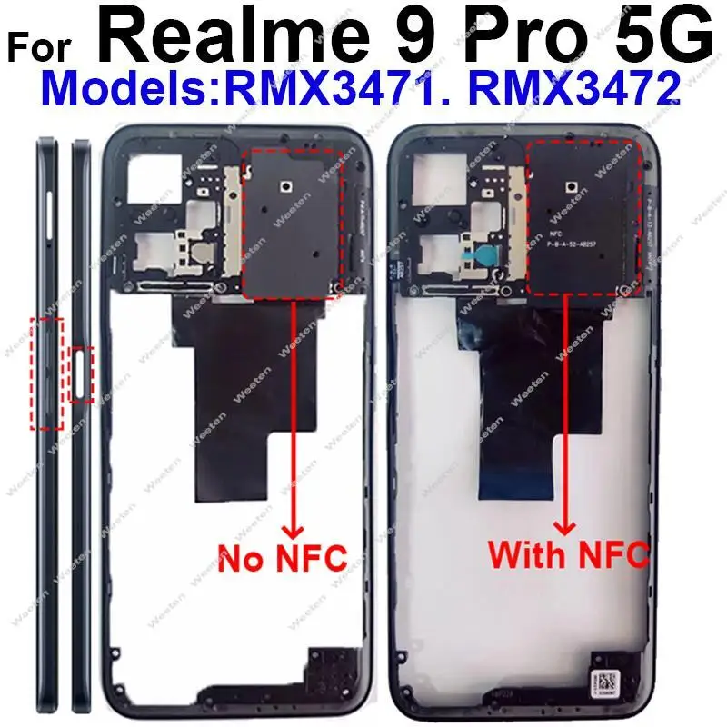 Realme 9 Pro RMX3471 RMX3472 후면 커버 배터리 도어 하우징 베젤, 측면 버튼, 흑연 종이 부품
