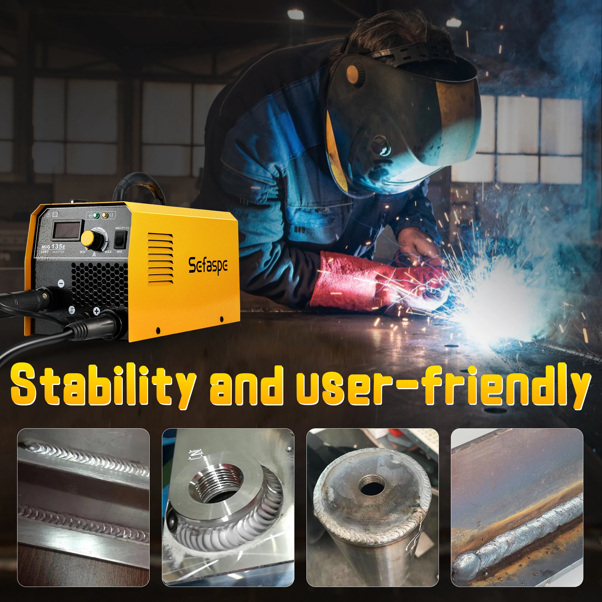 MIG Welder 135E 3-in-1 Flux Core Welder MIG/Lift TIG/Stick Welding Machine 110v with Synergic Control IGBT Inverter