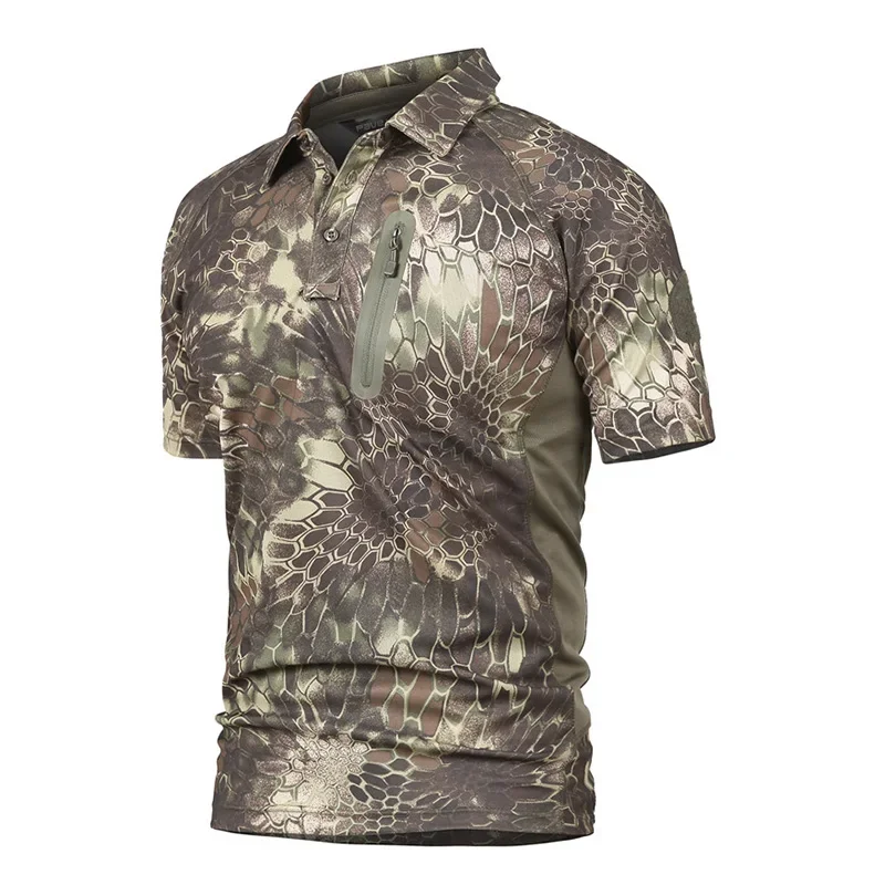 Men's Tactical Polo T-Shirt Short Sleeve Camouflage Breathable Army Work Tee Shirt Quick Dry Outdoor Hiking Top Tees