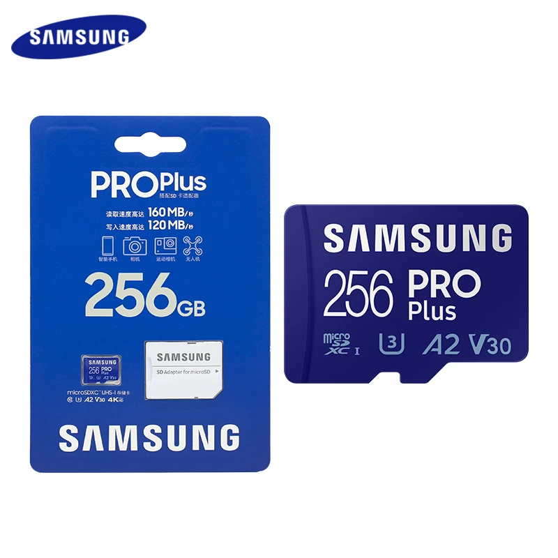 

SAMSUNG PRO Plus 128GB 256GB 512GB Memory Card Micro SD With SD Adapter U3 V30 A2 High Speed UHS-III SDXC Max 160MB/s TF Card