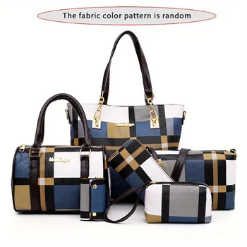 6pcs/set Large Capacity Shoulder Bag with Checkered Pattern and Multiple Functions Handbag, Crossbody Bag, Clutch Bag, Wallet