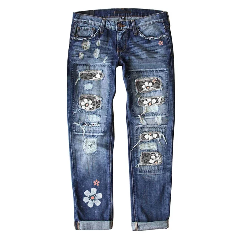 Printed washed jeans for women spring and autumn high street ins style casual wide leg pants American straight trousers