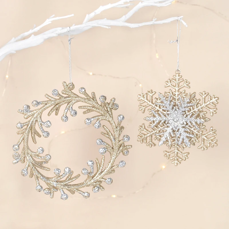 Christmas Tree Oranments Glitter Snowflake Xmas Tree Wreath Hanging Pendants for Merry Christmas Decoration Happy New Year Gifts