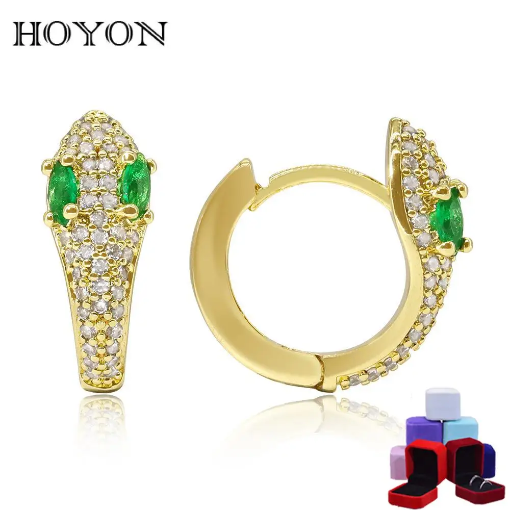

HOYON 18K Gold Color Ruby Snake Earrings For Women Eco-Friendly Brass Blue Gemstone AAA Zircon Round Ear Jewelry free shipping