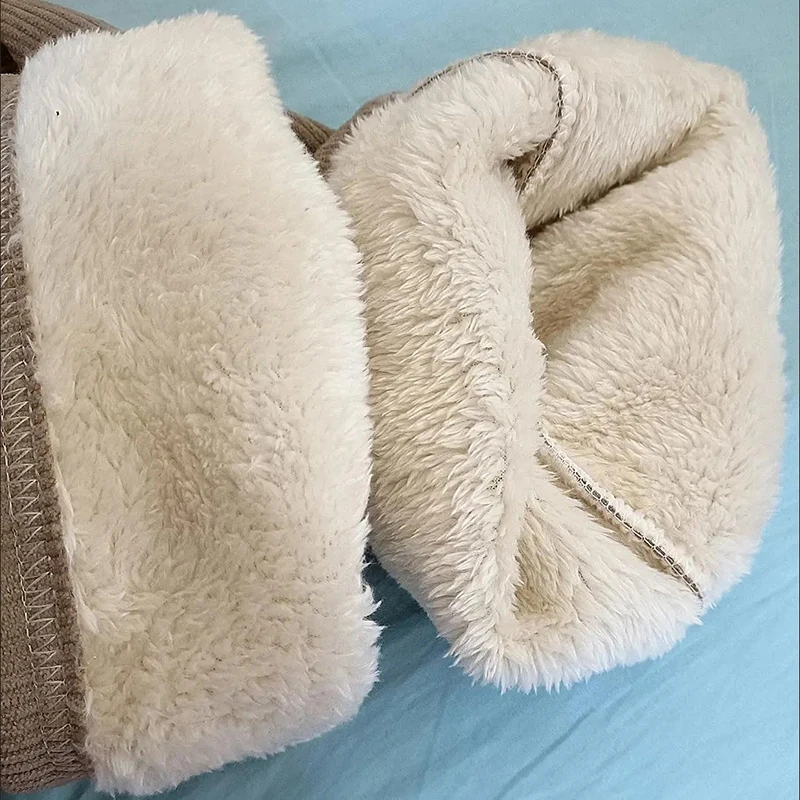 Fleece Lined Winter Wide Leg Pants Thicken Womens Straight Pantalones Baggy Warm Lambswool Sweatpants High Waist Casual Spodnie 5