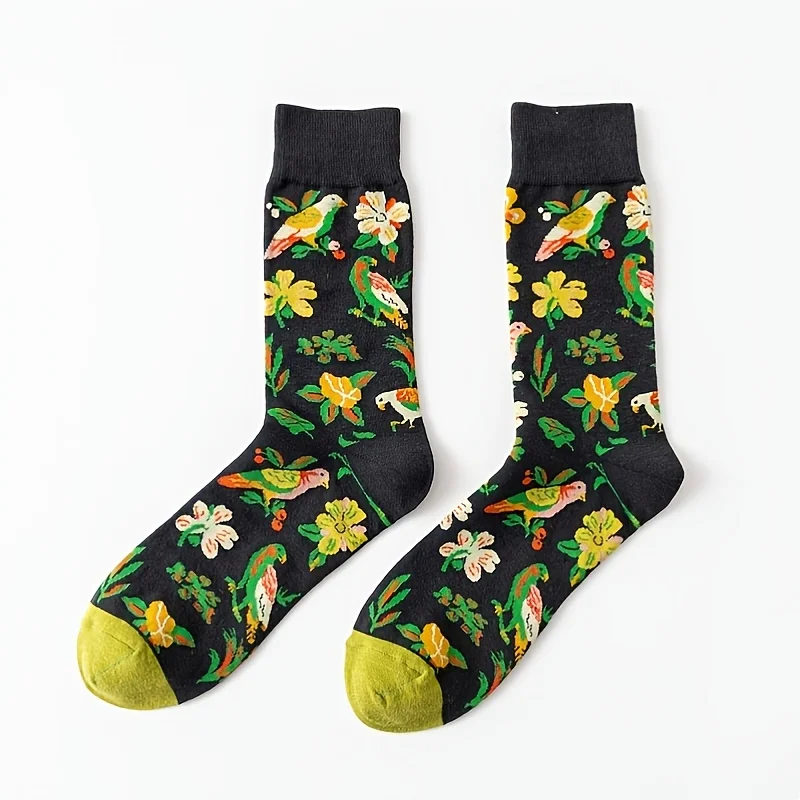 

1 Piece of Round Neck Novelty Socks for Men's Retro Bird Flower Full Print Dark Green Round Neck Novelty Socks
