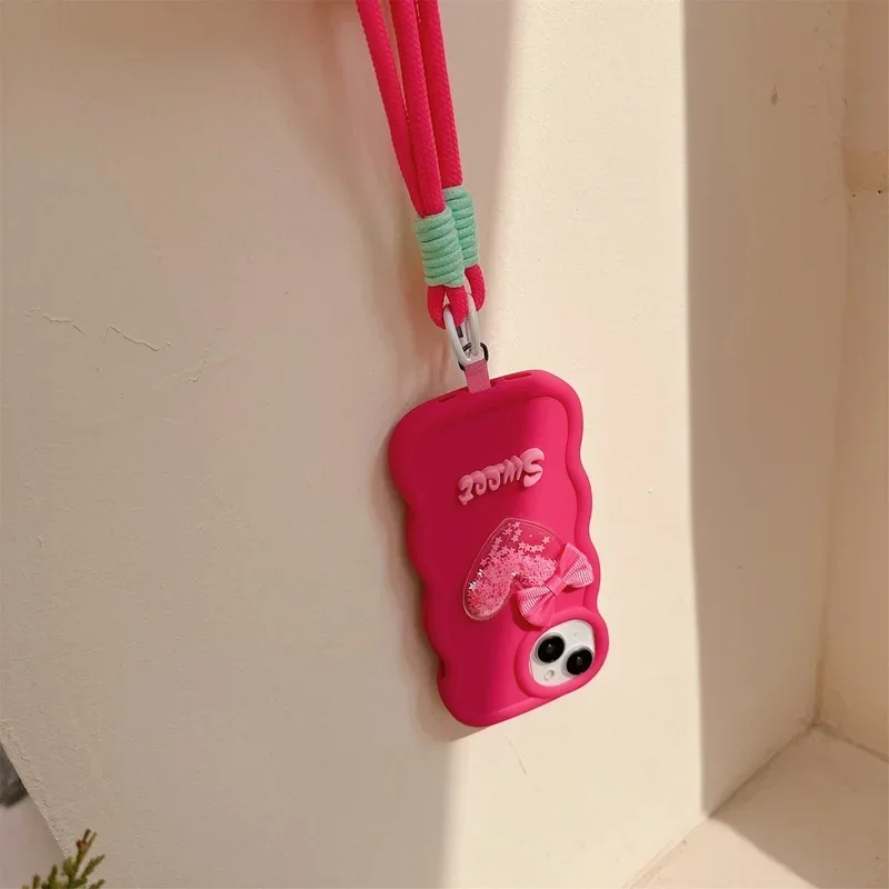Quicksand Heart Rope Phone Case - Stylish Protective Cover with Floating Glitter Design