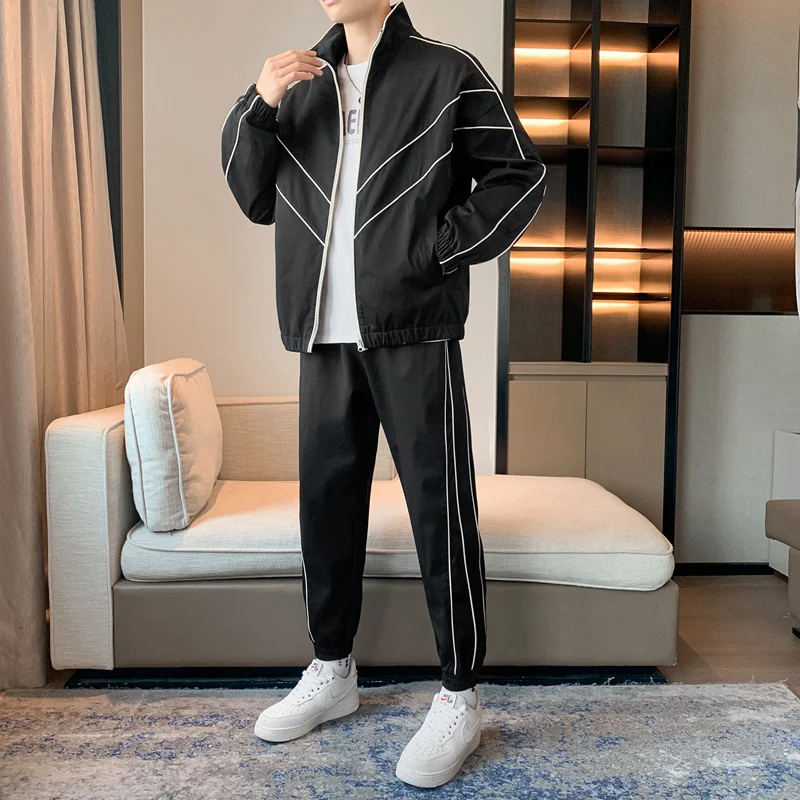 용수철 남성용 캐주얼 스포츠 세트, 라펠 지퍼 스웨트 셔츠, 카디건 재킷, 하이 스트리트 재킷 바지, 2 피스 세트 세트, 가을