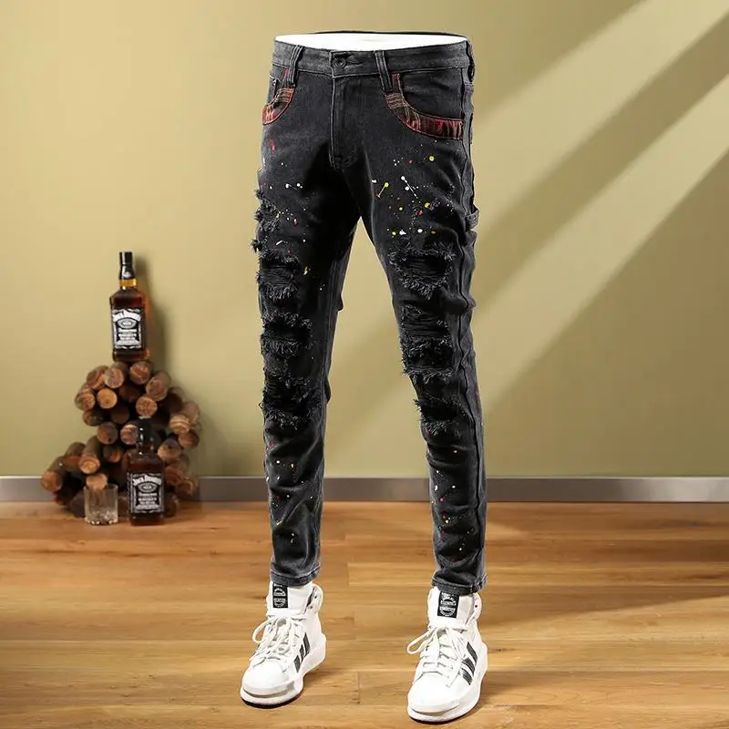 

High Quality Men's Jeans Ripped Jeans High Street Fashion Stretch Fit Men's Trousers Y2K Men's Clothes