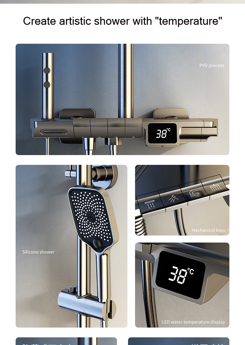 Description Picture 3 of itemLED Digital Shower System Bathroom Thermostatic Shower Set Bathtub Wall Mount SPA Rainfall Bath Faucet Modern Luxury Faucets Set