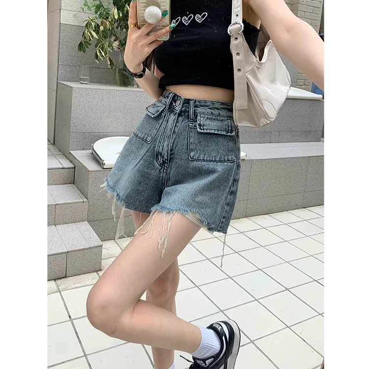 

Large Size Retro Raw Edge High Waist a word denim shorts female fat mm summer spicy girl high street loose wide leg hot pants