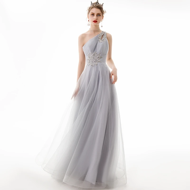 A Line Tulle Beading Pleat Elegant One Shoulder Bridesmaid Dresses Wedding Party Evening Formal Prom Sweep Train Lace Up Back
