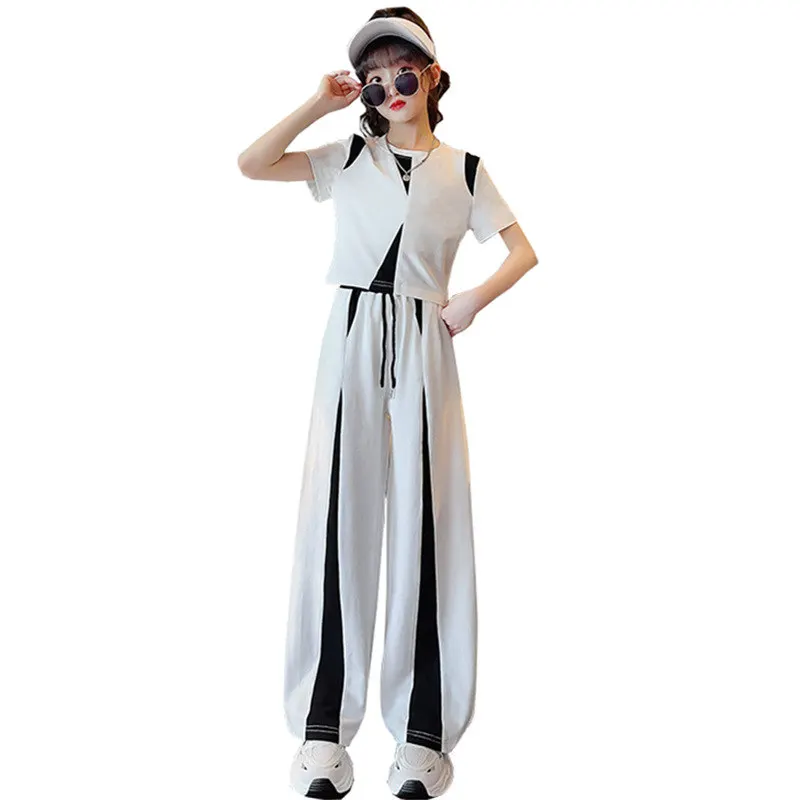 

Summer Girls Clothes Suits Children Fashionable Short Sleeve T-Shirt + Casual Sports Wide Leg Pants 2Pcs Sets Teens Kids Outfits