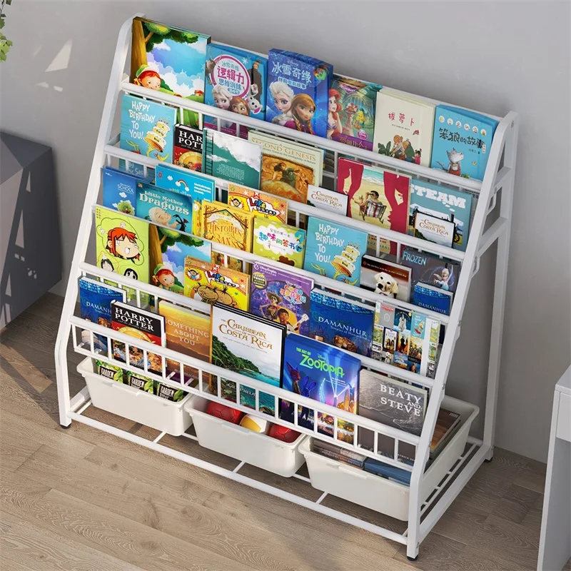 Children's bookshelf storage rack, floor standing household mobile toy storage rack with drawers