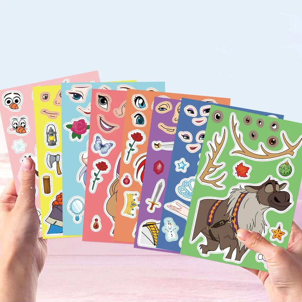 8/16Sheets Disney Princess Puzzle Stickers Frozen Make-a-Face Funny Assemble Jigsaw DIY Cartoon Sticker Kids Educational Toys 4