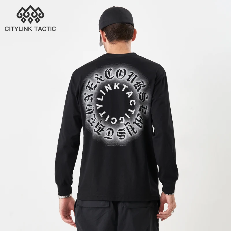 

Citylink 240g Double Yarn Plain Spring New Loose Round Neck Black Pure Cotton Long Sleeved T-shirt For Men