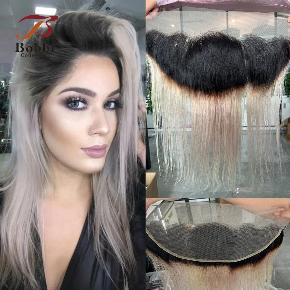Ombre Grey Blonde 13x4 Lace Frontal Closure Straight 100% Human Hair Pre-Plucked Transparent Lace Free Part Remy Hair BOBBI