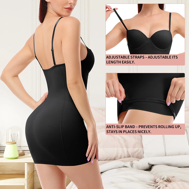 Women Full Slips Basic Under Dress Adjustable Straps Cami Seamless Smooth Tummy Control Body Shaper Built In Bra Deep V Bodycon body shaper