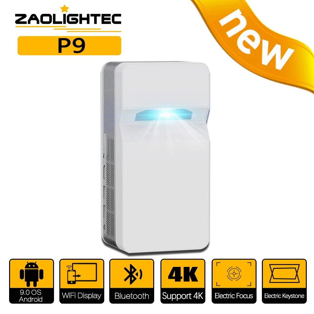 ZAOLIGHTEC P9 4K 스마트 단초점 안드로이드 프로젝터, 홈 시어터 1000 ANSI 루멘 DLP 울트라 HD 야외 휴대용 프로젝터
