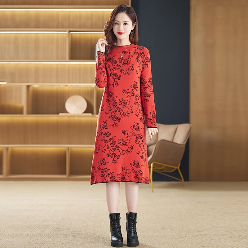 

Шерстяное вязаное платье для женщин, модные свободные однотонные оранжевые жаккардовые теплые мягкие Базовые платья, женские свитеры, туники